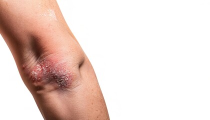 Psoriasis is a long lasting, noncontagious autoimmune disease characterized by patches of abnormal red, pink scaly skin. Shown in arm and elbow. Isolated on white background with copy space