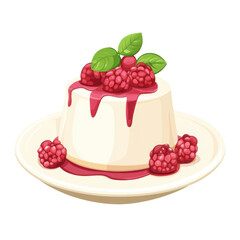 Creamy dessert topped with fresh raspberries and mint leaves, isolated on a white background, transparent background.