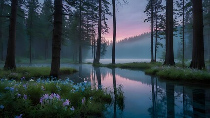 Obraz premium Misty morning in a mystical forest next to a serene lake, featuring dense fog that blankets the woods and enriches the tranquil, nature-inspired atmosphere