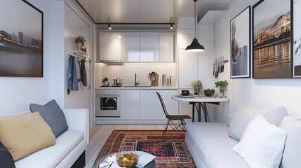 Fototapeta premium Open-plan studio apartment featuring a compact, modern kitchen with white cabinetry and a small table. The living area has a clean-lined sofa and a rug with minimal decor