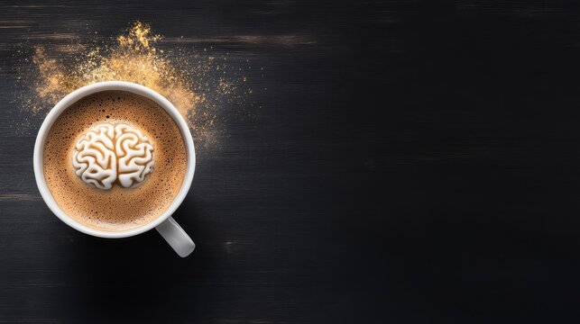 Cognitive Boost in a Cup, rich black coffee topped with foamy brain design, symbolizing alertness and mental stimulation