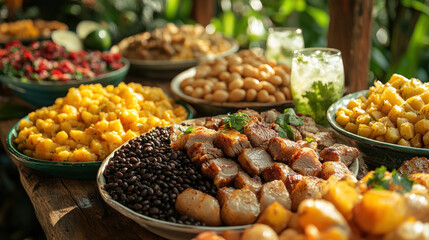 Obraz premium Cuban New Year's Party: Cuban feast with roast pork, black beans, yuca, and mojitos, served in a lively setting with family celebrating the New Year