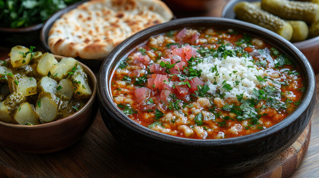 Egyptian Winter Dishes: Egyptian koshari and molokhia, served with pita bread, pickles, and sweet hibiscus tea, arranged on a cozy wooden table