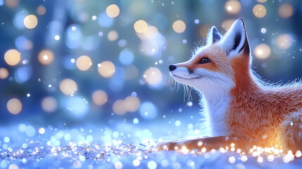 serene fox gazes thoughtfully amidst dreamy, sparkling background filled with soft bokeh lights. enchanting scene captures beauty of nature and tranquility