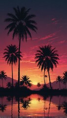 Tropical synthwave landscape with palm trees at sunset
