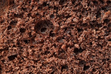 Tasty chocolate sponge cake as background, closeup
