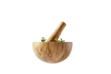 Wooden Mortar and Pestle with Fresh Herbs for Culinary Delights
