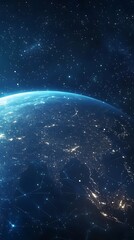 Obraz premium A view of Earth’s continents glowing with lights at night.