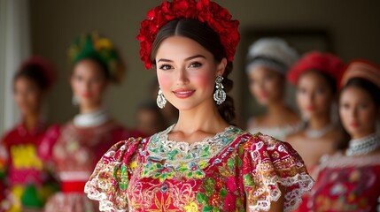 Fototapeta premium Diverse group of models posing in front of iconic landmarks from different countries, celebrating global cultures and inclusivity