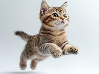 an energetic american shorthair cat leaps gracefully against a pure white background its playful spirit captured in a moment of joy and movement