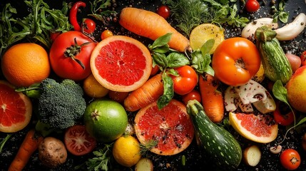 Vibrant Assortment of Fresh Produce, A colorful display of various fruits and vegetables arranged in an inviting manner, showcasing their natural textures and hues.