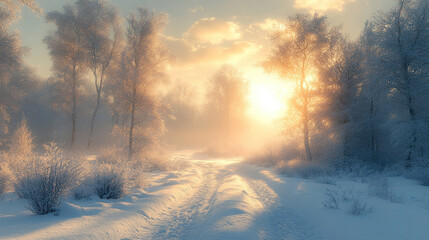 Fototapeta premium Frosty winter morning with a misty forest scene, light breaking through, creating a magical winter feel