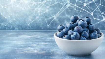 Blueberries in a bowl against a neuron pattern backdrop, representing antioxidants and their benefits for brain health and cognitive function