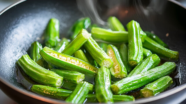 Fresh okra is being sauteed in pan, showcasing its vibrant green color and unique texture. cooking process highlights freshness and nutritional value of this vegetable