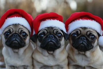 Three adorable pugs decked out in Santa hats bring holiday cheer in this charming Christmas-themed illustration. Perfect for festive decorations and greeting cards.