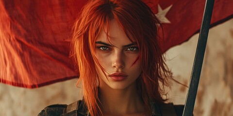 Woman with red hair holding sword