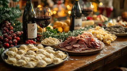 Fototapeta premium Italian Holiday Feast: A grand Italian dinner table with freshly made pasta, truffle ravioli, roasted meats, and red wine, set in a rustic home with holiday decorations