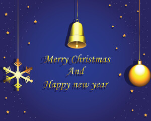 Naklejka premium The vector design has a blue background with the theme of Merry Christmas and New Year written on it. There are also bells and balls made of gold