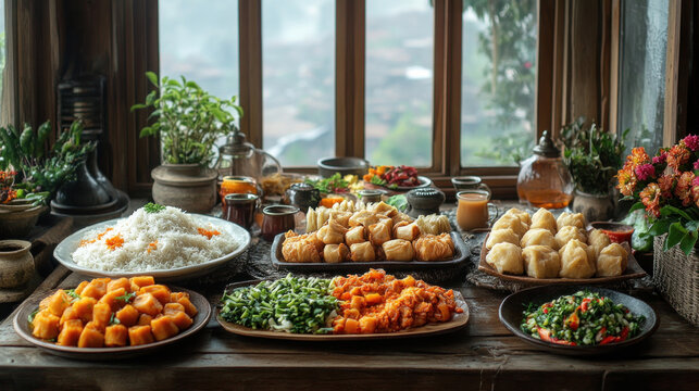 Myanmarese New Year Celebration: Myanmar feast with mohinga, lahpet thoke, and tea, served in a cozy gathering to celebrate the New Year