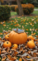 Pumpkin and books on a lawn in an autumn park. Autumn aesthetics.
