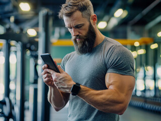 A man with a beard is looking at his cell phone while standing in a gym