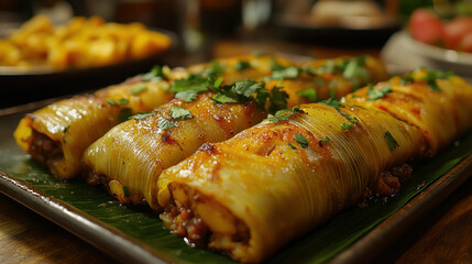 Panamanian Tamale Fest: Panamanian tamales with corn dough and meat, wrapped in banana leaves, enjoyed in a festive gathering with family