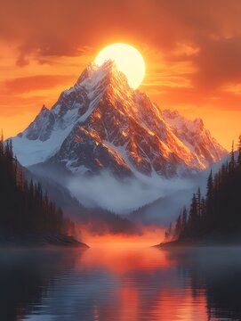 Majestic mountain landscape with glowing sunset