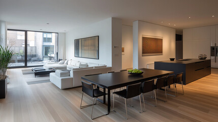 Fototapeta premium Sleek, open-plan living and dining area featuring minimalist decor. A black dining table with simple chairs, white sectional couch, and wooden floors. Simple, airy design