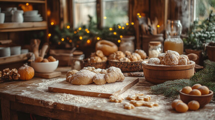 Fototapeta premium Rustic holiday kitchen with flour dusted countertops, gingerbread dough, and pine decorations