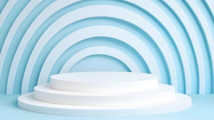 Obraz premium A minimalistic setup featuring layered circular platforms with a soft blue backdrop and gentle arching lines, creating a serene and modern aesthetic.
