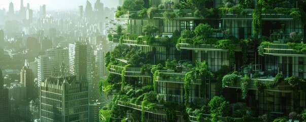 Obraz premium Green cityscape with vertical farms and sustainable design, 4K hyperrealistic photo
