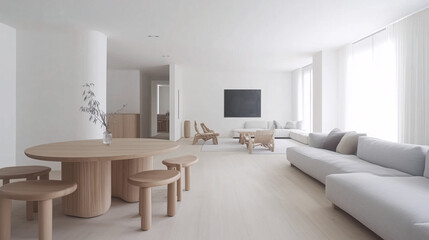 Spacious minimalist living and dining room with white walls, a round wooden dining table, and a gray sectional couch. Subtle decor with a focus on clean lines