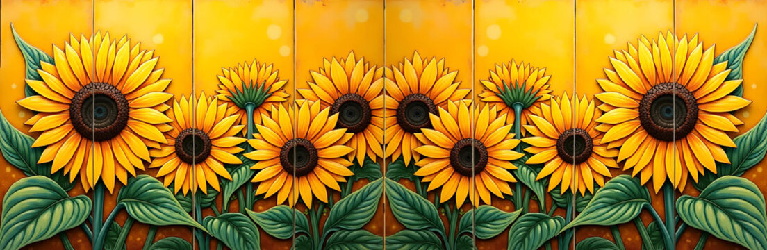 Beautiful modern seamless pattern with sunflowers on a yellow background in the form of tiles - generative ai - Powered by Adobe