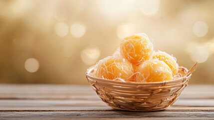 Golden threads dessert in bamboo basket, Thai tradition, artisanal sweets, vibrant colors, cultural heritage, delicate presentation, nature-inspired