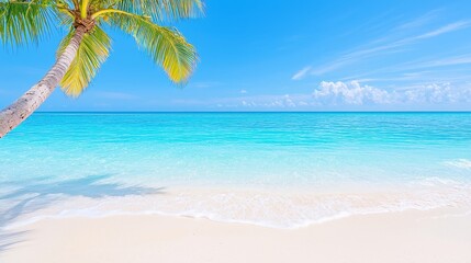 Fototapeta premium Tropical Paradise Escape, A vibrant Caribbean beach scene with swaying palm trees, sparkling turquoise waters, and endless summer vibes, perfect for a blissful island getaway.