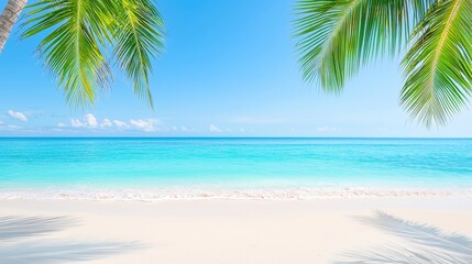 Fototapeta premium Tropical Paradise Escape, sun-drenched beach, swaying palm trees, crystal-clear turquoise water, inviting island atmosphere, perfect summer getaway, tranquil and serene environment