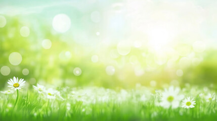 Obraz premium Spring flower,green meadow ,Summer day , daisy, sunlight, sun, white,bokeh, blur, background.