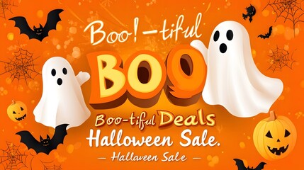 A vibrant Halloween-themed sale graphic featuring cheerful ghosts, pumpkins, and bats with the text highlighting "Boo-tiful Deals."