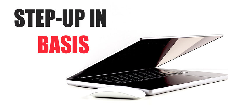 Step-up in basis concept with laptop and computer mouse on white background