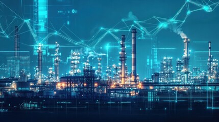 A large industrial complex with illuminated towers and pipes at night, overlaid with digital data points and lines representing modern technology, automation, and data analysis.