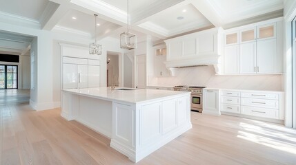 Elegant white kitchen in modern luxury home, spacious layout, sleek cabinetry, polished surfaces, bright ambiance, inviting atmosphere, contemporary design elements, stylish decor