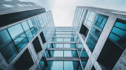 Obraz premium Contemporary glass building featuring an elevated geometric design, emphasizing clean lines, transparency, and minimalist architecture in an urban environment. 