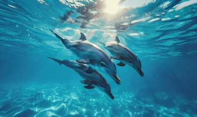 Obraz premium Playful dolphins swimming in clear blue waters, 4K hyperrealistic photo.