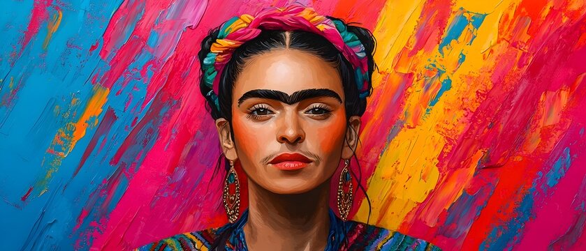 A woman with dark hair and a unibrow stares intensely at the camera, a colorful headband adorning her head.