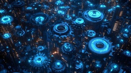 Futuristic city of glowing mechanical gears and cogs