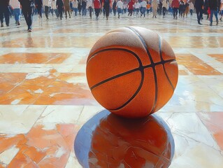 artistic representation of a basketball on a polished court floor capturing the essence of sport with dynamic shadows and light reflecting off the surface evoking motion and excitement