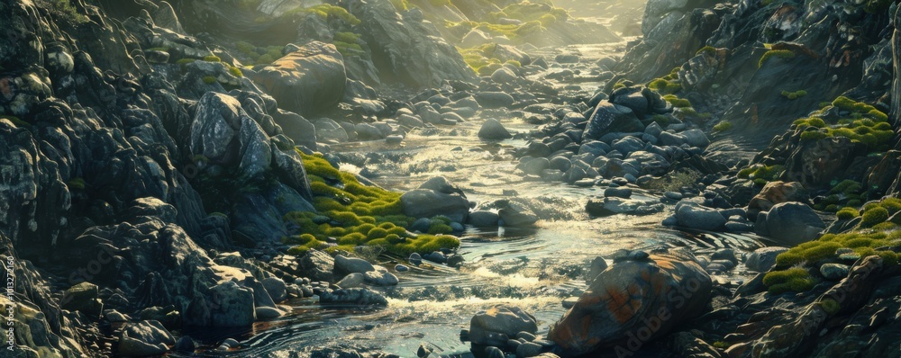 Poster River winding through a rocky landscape, 4K hyperrealistic photo,