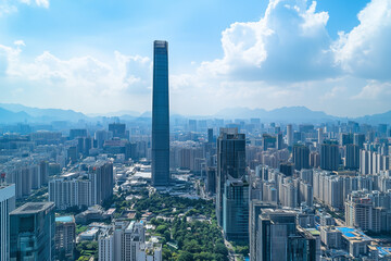 Aerial View of City Skyline with Skyscrapers and Buildings