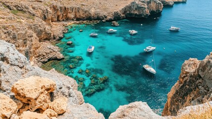 Aerial view of a secluded cove with crystal clear turquoise water and boats anchored.