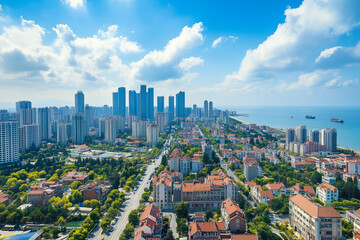 Naklejka premium Aerial View of City Skyline with Skyscrapers and Buildings